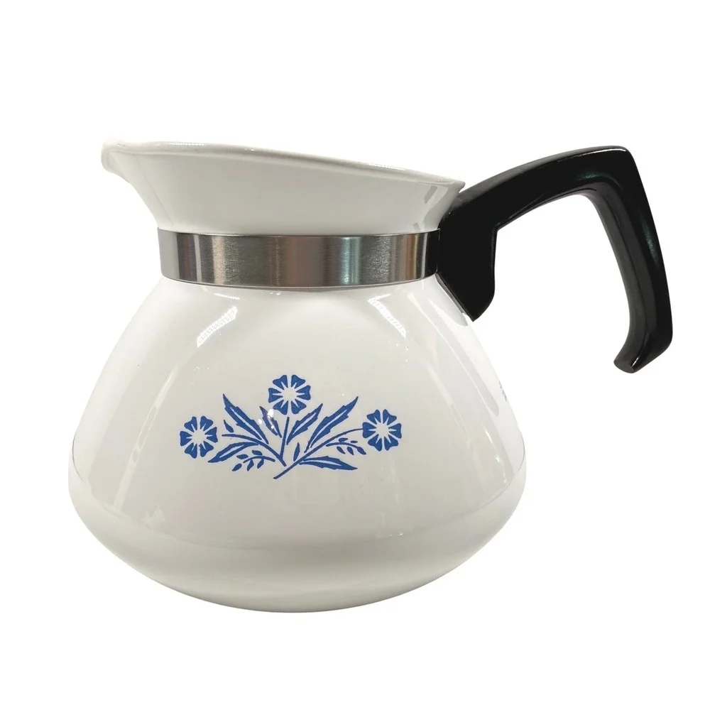 CORNING WARE P-104 Blue Cornflower 6 Cup Coffee Pot Stovetop White Vintage Diner